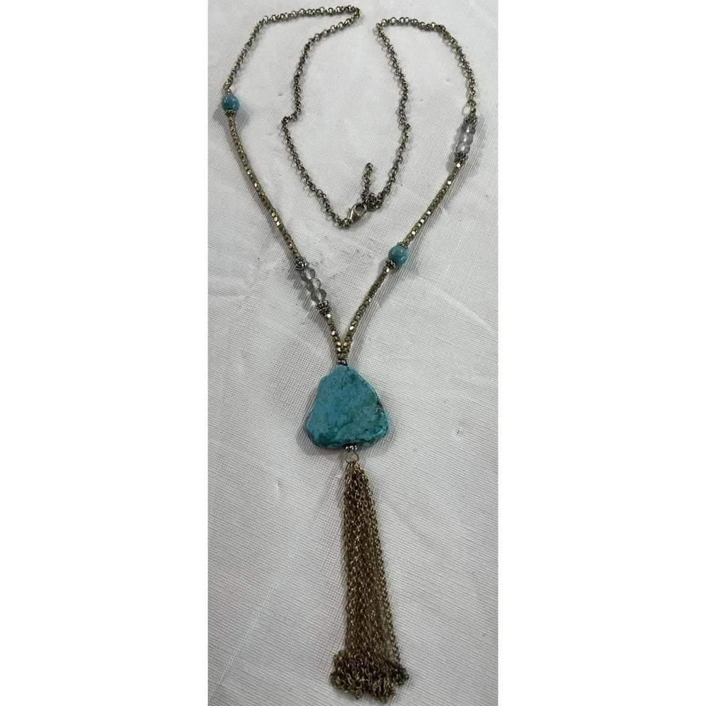 Large Turquoise Color Stone Boho Tassel Necklace Festival Statement